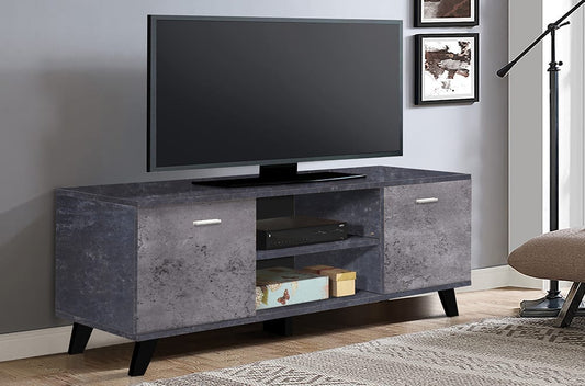 Full view of the Two-Tone TV Stand, showcasing the modern concrete-style finish contrasted with a secondary color and detailing the storage shelves and compartments.