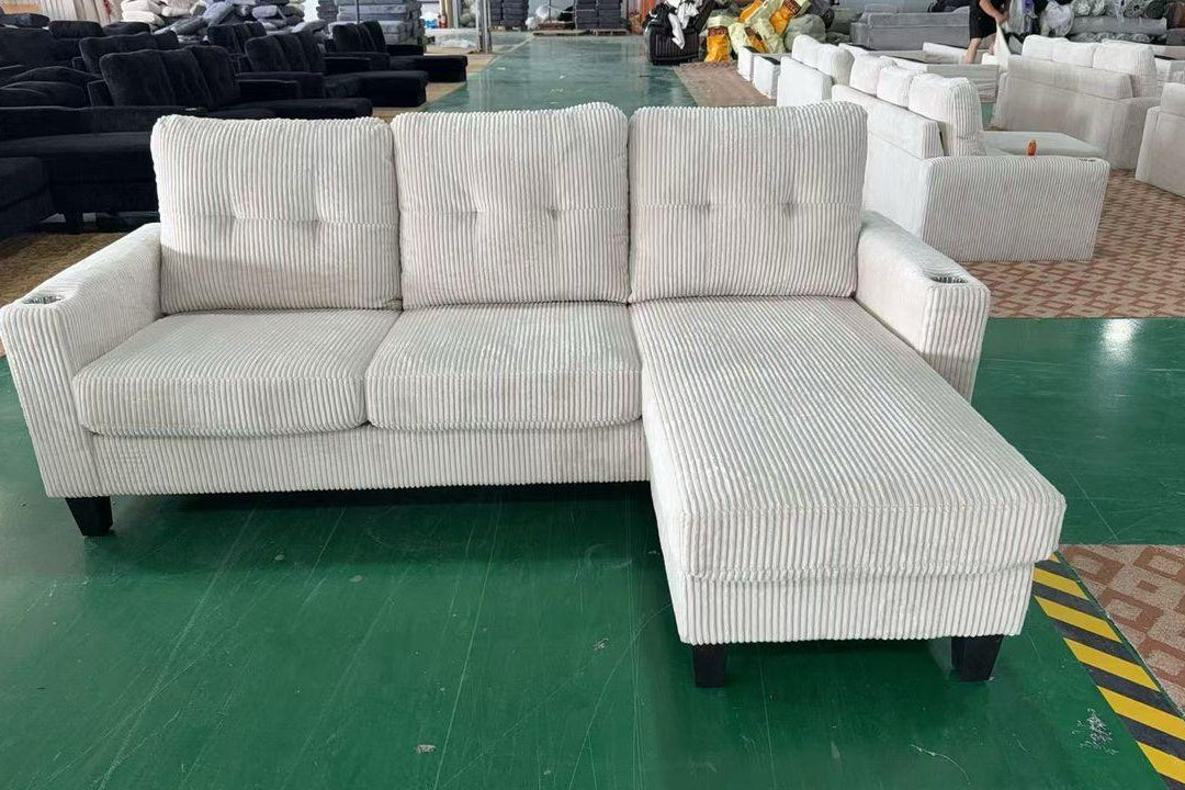 Village Cream Corduroy Reversible 3-Seater Sectional Sofa with Cupholders