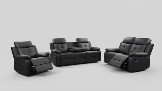 Full view of the Vincent Black Leather Manual Recliner Sofa Set, showcasing the sofa, loveseat, and chair arranged together in a living space.