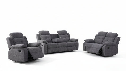Full view of the Vincent Grey Fabric Manual Recliner 3-Piece Set, showing the sofa, chair, and loveseat with the console and cupholders visible.