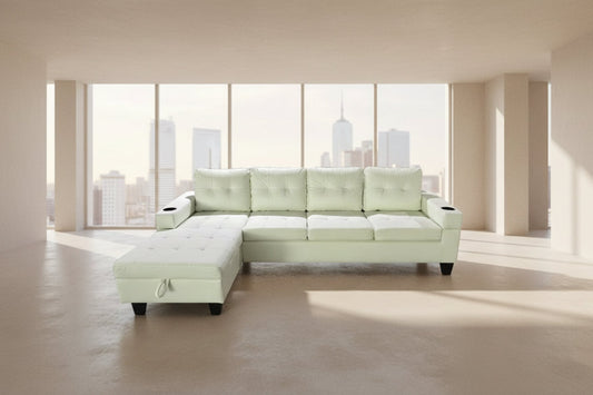 Full view of the White Anti-Scratch PU Leather Sectional Sofa, highlighting the bright upholstery and the fixed Left-Hand Facing (LHF) chaise configuration.