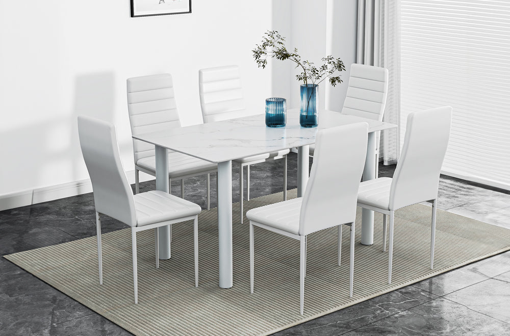 Full view of the White Marble Glass Dining Table set, showcasing the sleek marble-patterned glass top and six upholstered White Leatherette dining chairs.