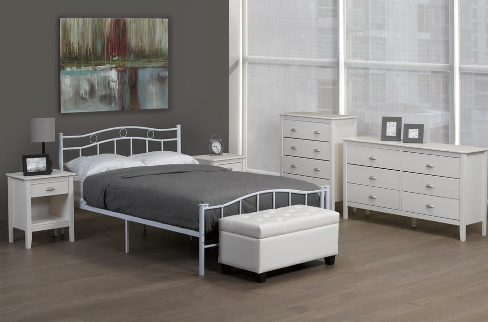 Elegant white metal platform bed frame with curved headboard and sturdy slat support
