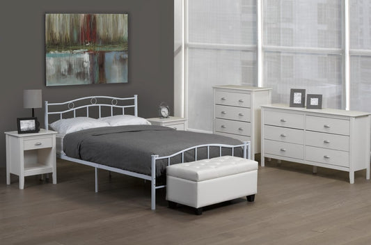 Elegant white metal platform bed frame with curved headboard and sturdy slat support
