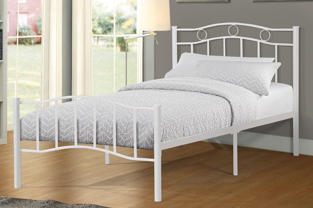 White metal bed frame with gracefully curved headboard and footboard design
