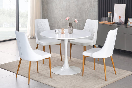 Full view of the White Round Dining Table and four matching chairs upholstered in crisp White Leatherette for a clean, modern look.