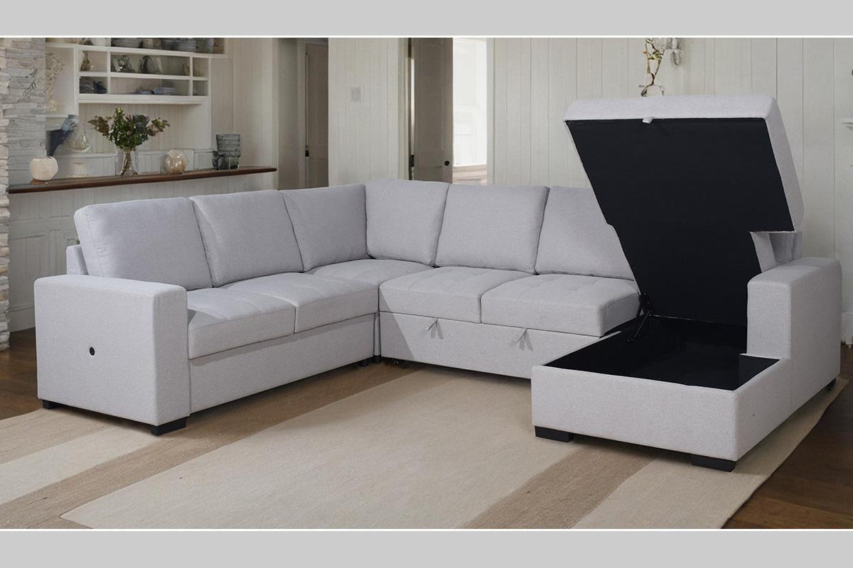 Full overhead view of the Xander Envy U-Shape Sectional Sofa, showcasing the massive configuration, storage chaise, and sleeper function.